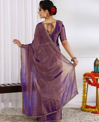 party wear silk blend zari woven saree with unstiched blouse piece_dark purple 4