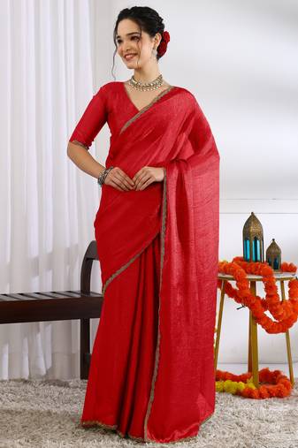 party wear silk blend zari woven saree with unstiched blouse piece_red