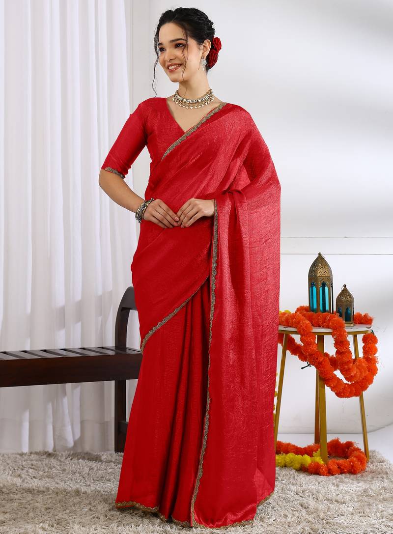party wear silk blend zari woven saree with unstiched blouse piece_red