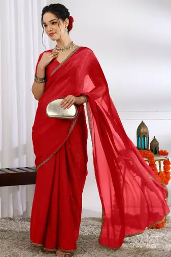 party wear silk blend zari woven saree with unstiched blouse piece_red