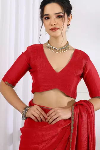 party wear silk blend zari woven saree with unstiched blouse piece_red