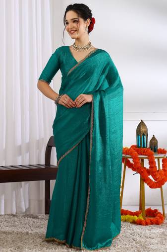 party wear silk blend zari woven saree with unstiched blouse piece_dark turquoise