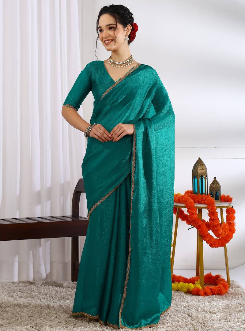 party wear silk blend zari woven saree with unstiched blouse piece_dark turquoise