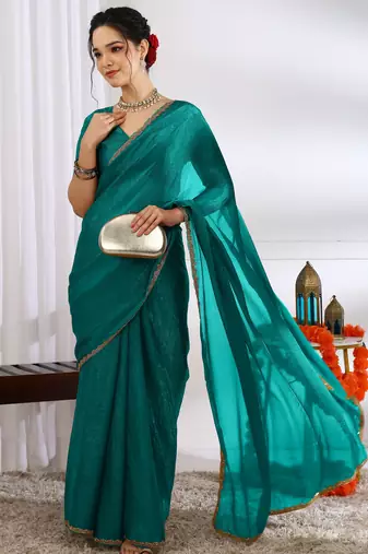 party wear silk blend zari woven saree with unstiched blouse piece_dark turquoise