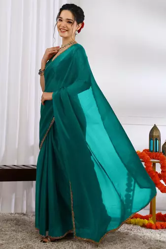party wear silk blend zari woven saree with unstiched blouse piece_dark turquoise