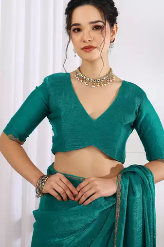 party wear silk blend zari woven saree with unstiched blouse piece_dark turquoise