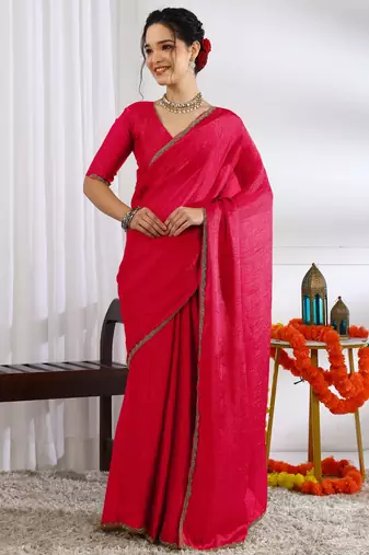 party wear silk blend zari woven saree with unstiched blouse piece_dark pink