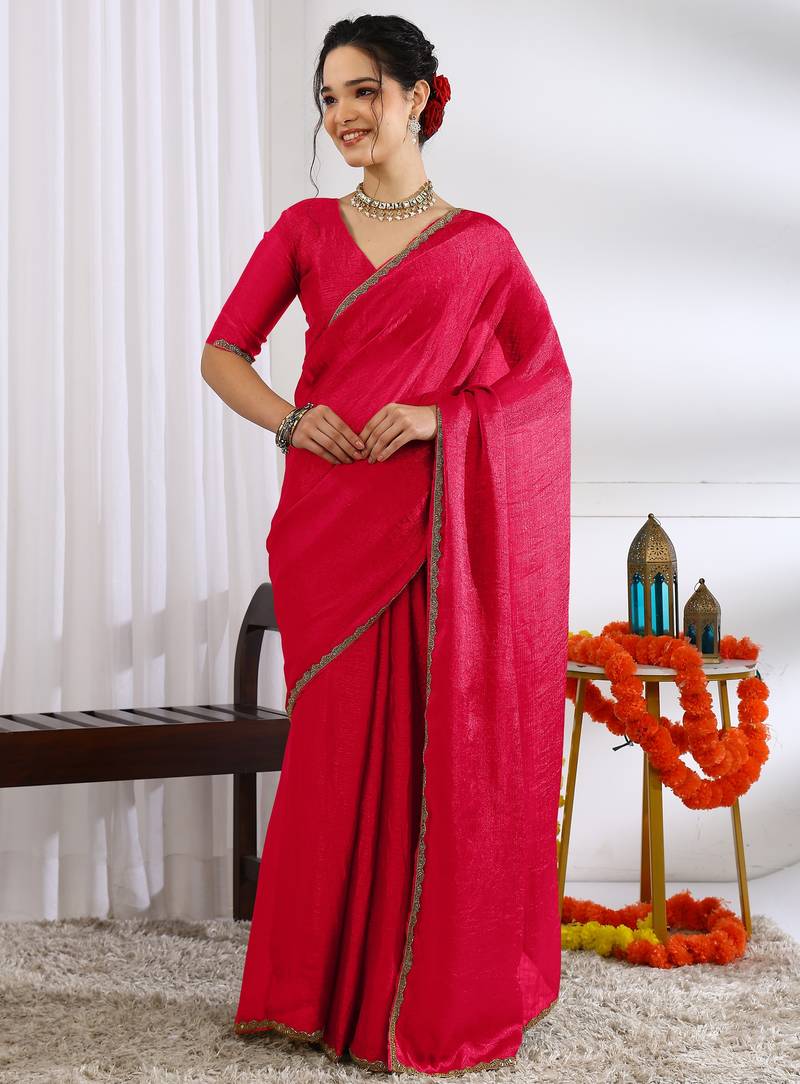 party wear silk blend zari woven saree with unstiched blouse piece_dark pink