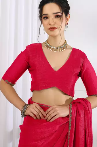 party wear silk blend zari woven saree with unstiched blouse piece_dark pink