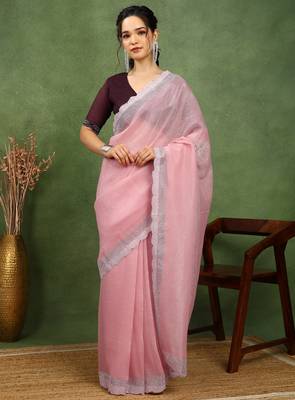 party wear silk blend crush embellished saree with unstiched blouse piece_dark coffee brown 1