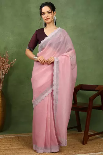 party wear silk blend crush embellished saree with unstiched blouse piece_peach pink