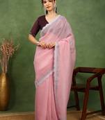 party wear silk blend crush embellished saree with unstiched blouse piece_peach pink