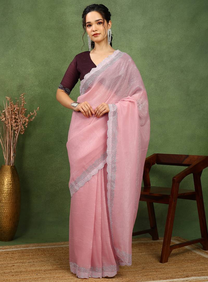 party wear silk blend crush embellished saree with unstiched blouse piece_peach pink