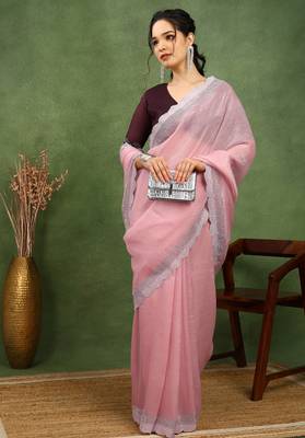 party wear silk blend crush embellished saree with unstiched blouse piece_dark coffee brown 2