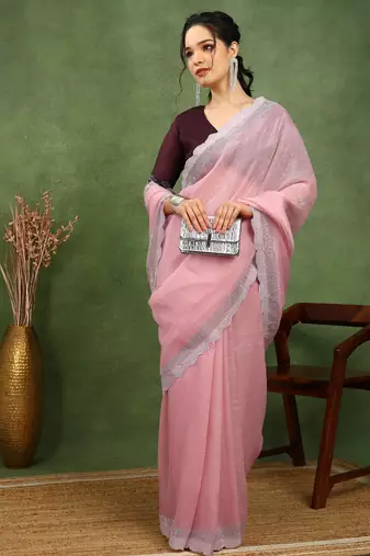 party wear silk blend crush embellished saree with unstiched blouse piece_dark coffee brown