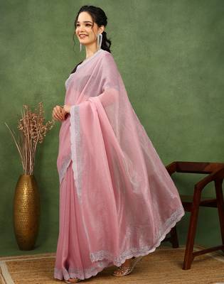 party wear silk blend crush embellished saree with unstiched blouse piece_dark coffee brown 3