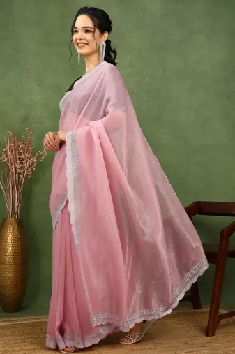 party wear silk blend crush embellished saree with unstiched blouse piece_dark coffee brown