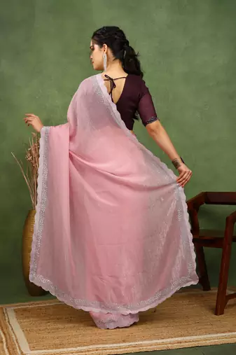 party wear silk blend crush embellished saree with unstiched blouse piece_dark coffee brown