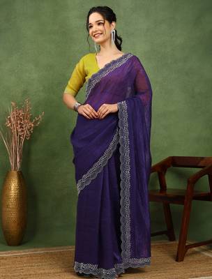 party wear silk blend crush embellished saree with unstiched blouse piece_dark purple 1