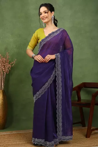 party wear silk blend crush embellished saree with unstiched blouse piece_dark purple