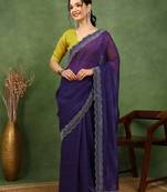 party wear silk blend crush embellished saree with unstiched blouse piece_dark purple