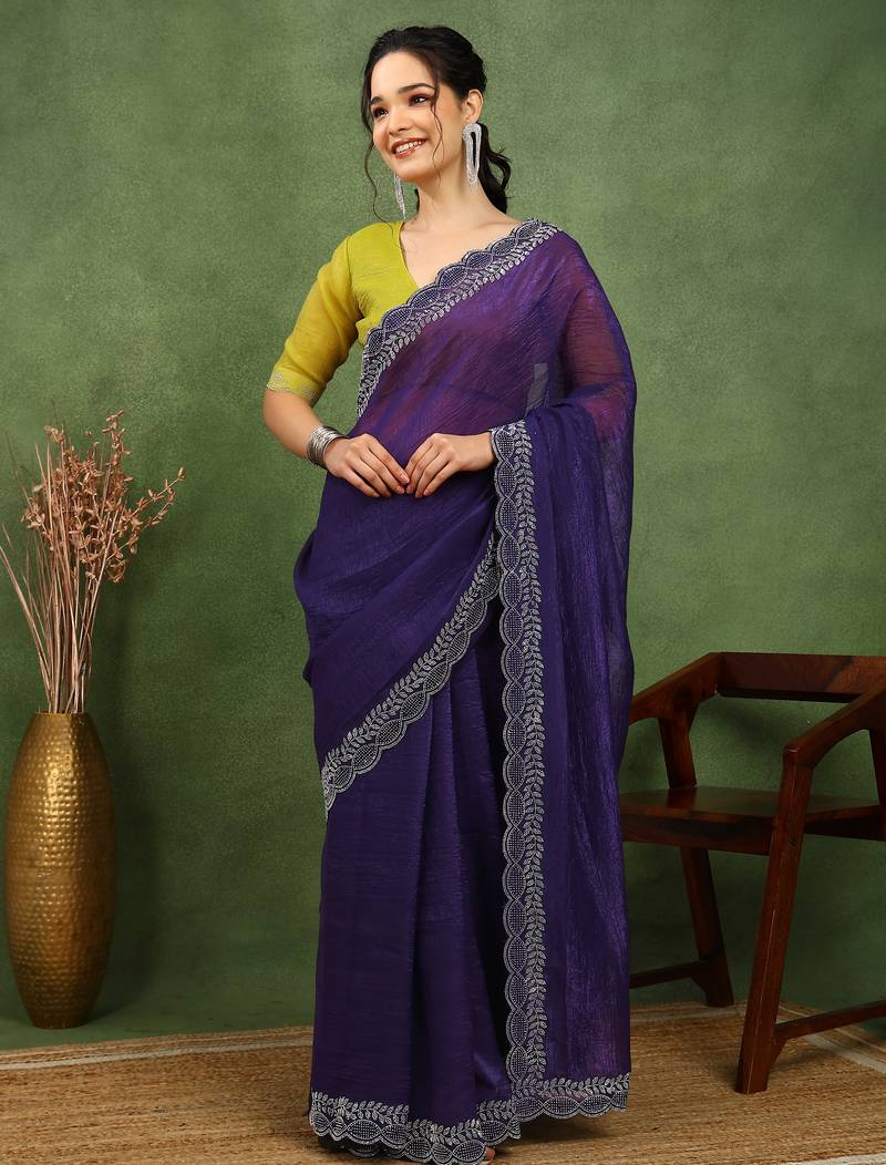 party wear silk blend crush embellished saree with unstiched blouse piece_dark purple