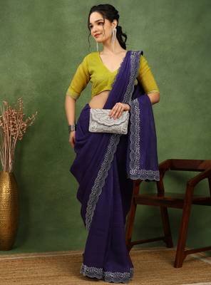 party wear silk blend crush embellished saree with unstiched blouse piece_dark purple 2