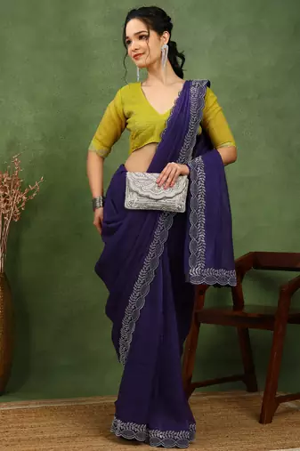 party wear silk blend crush embellished saree with unstiched blouse piece_dark purple