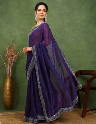 party wear silk blend crush embellished saree with unstiched blouse piece_dark purple 3