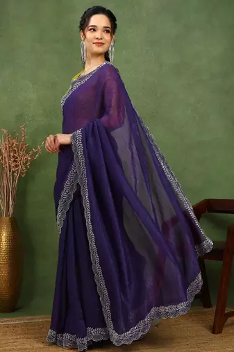 party wear silk blend crush embellished saree with unstiched blouse piece_dark purple