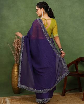 party wear silk blend crush embellished saree with unstiched blouse piece_dark purple 4