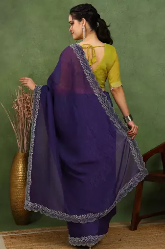 party wear silk blend crush embellished saree with unstiched blouse piece_dark purple