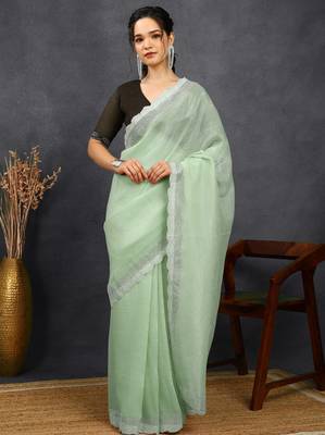 party wear silk blend crush embellished saree with unstiched blouse piece_pista green 1