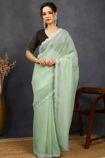 party wear silk blend crush embellished saree with unstiched blouse piece_pista green