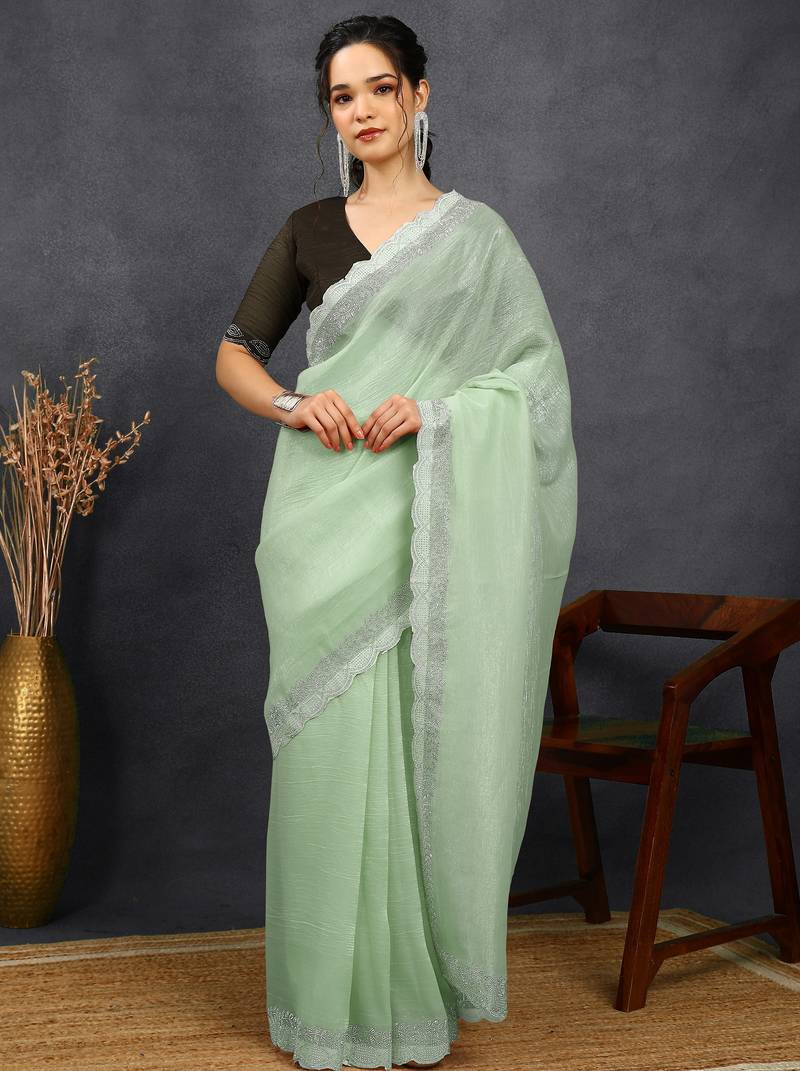 party wear silk blend crush embellished saree with unstiched blouse piece_pista green
