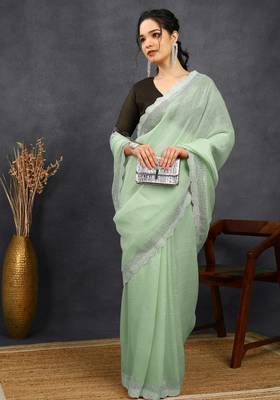 party wear silk blend crush embellished saree with unstiched blouse piece_pista green 2