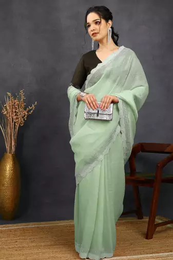 party wear silk blend crush embellished saree with unstiched blouse piece_pista green