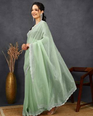 party wear silk blend crush embellished saree with unstiched blouse piece_pista green 3
