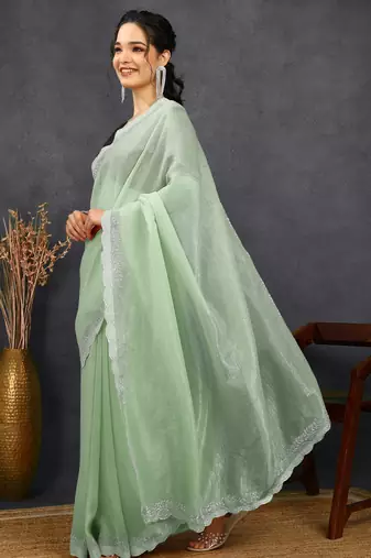 party wear silk blend crush embellished saree with unstiched blouse piece_pista green