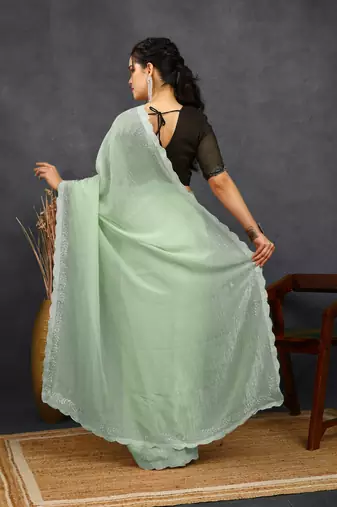 party wear silk blend crush embellished saree with unstiched blouse piece_pista green