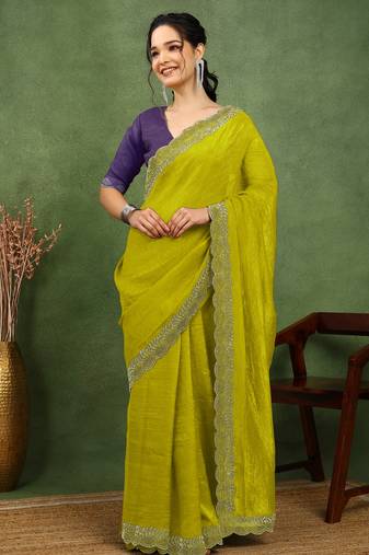 party wear silk blend crush embellished saree with unstiched blouse piece_dark lime yellow
