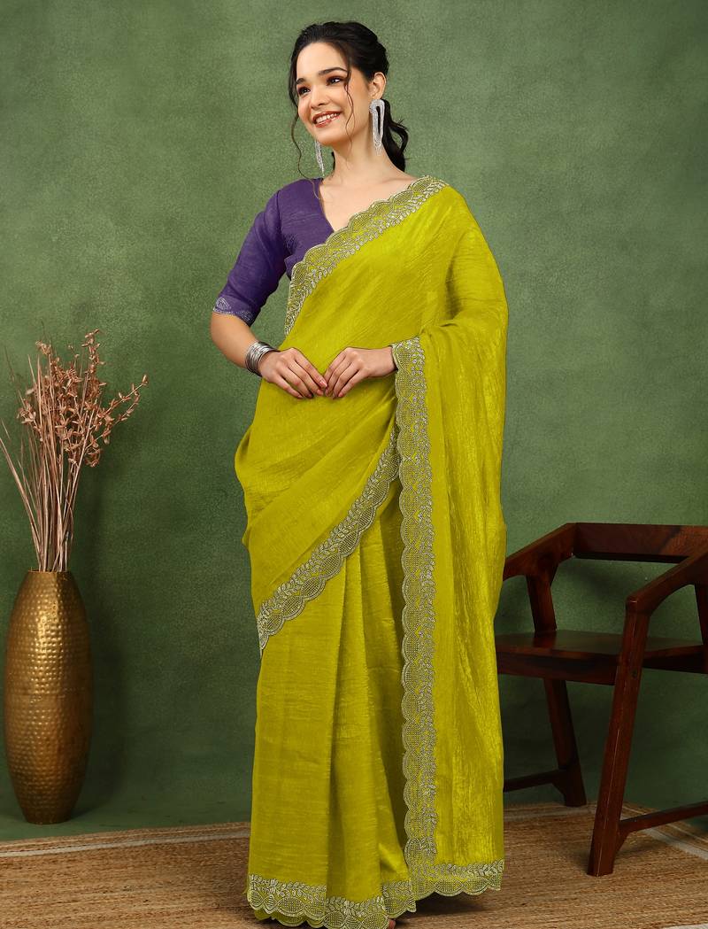 party wear silk blend crush embellished saree with unstiched blouse piece_dark lime yellow
