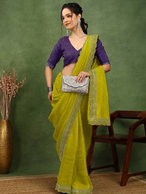 party wear silk blend crush embellished saree with unstiched blouse piece_dark lime yellow 2