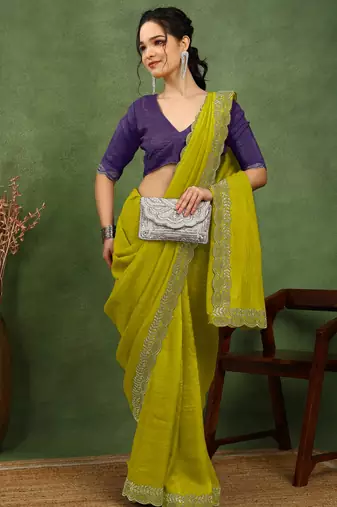 party wear silk blend crush embellished saree with unstiched blouse piece_dark lime yellow