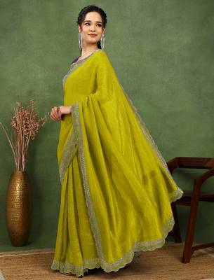 party wear silk blend crush embellished saree with unstiched blouse piece_dark lime yellow 3