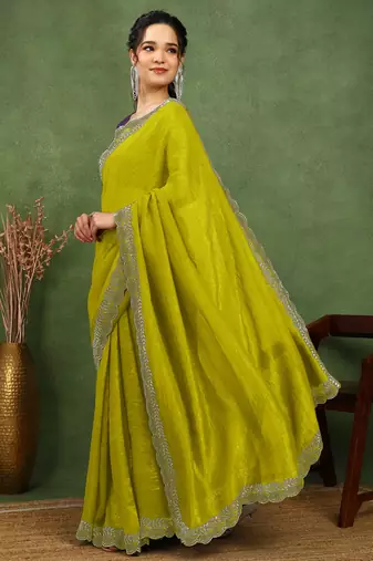 party wear silk blend crush embellished saree with unstiched blouse piece_dark lime yellow
