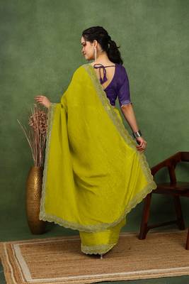 party wear silk blend crush embellished saree with unstiched blouse piece_dark lime yellow 4