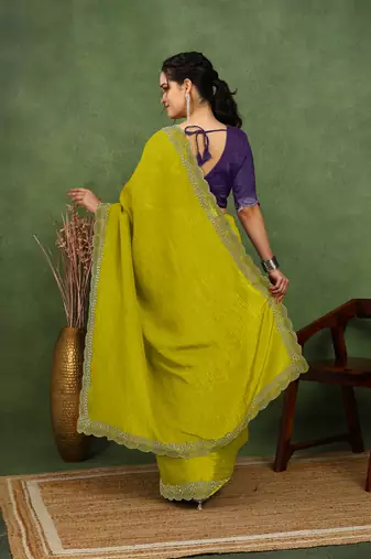 party wear silk blend crush embellished saree with unstiched blouse piece_dark lime yellow