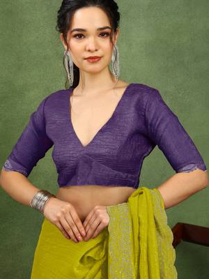party wear silk blend crush embellished saree with unstiched blouse piece_dark lime yellow 5
