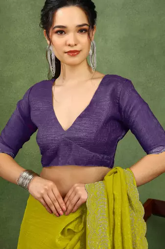 party wear silk blend crush embellished saree with unstiched blouse piece_dark lime yellow